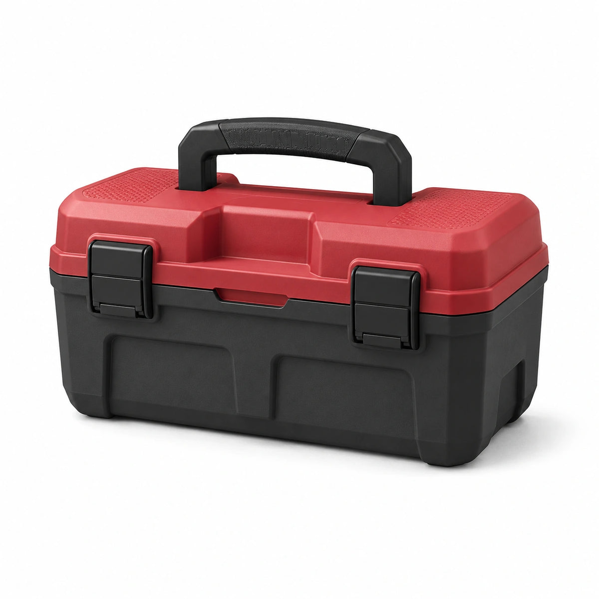 Caja de herramientas de plástico rojo y negro con cierre de seguridad
