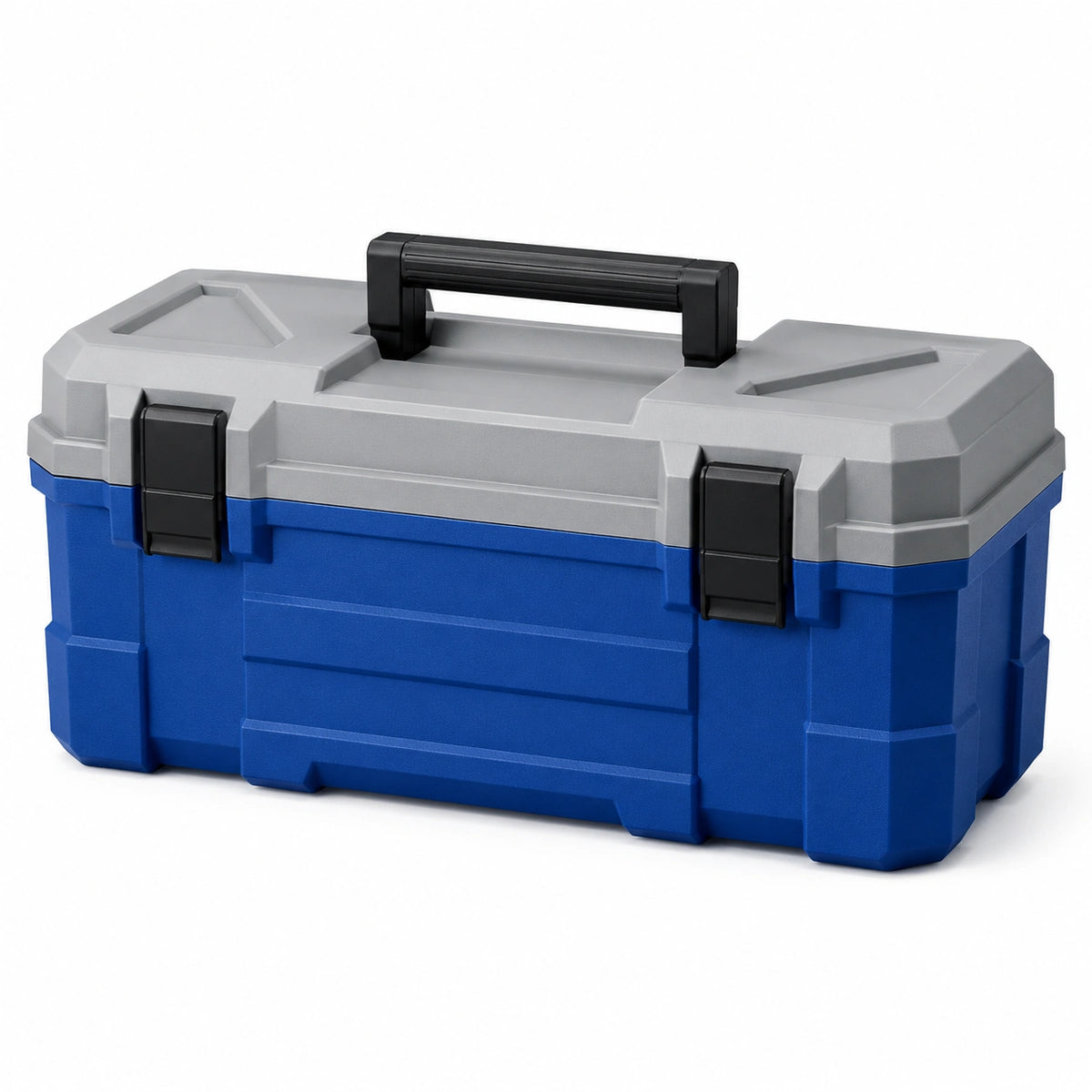 Caja de herramientas de plástico azul y gris con asa ergonómica