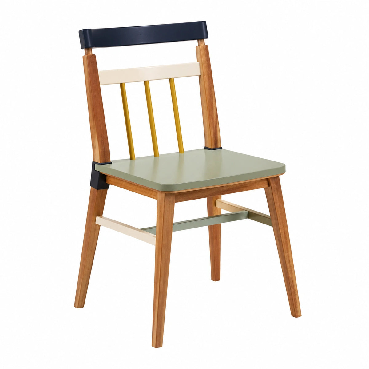 Silla de madera multicolor con asiento verde y respaldo alto