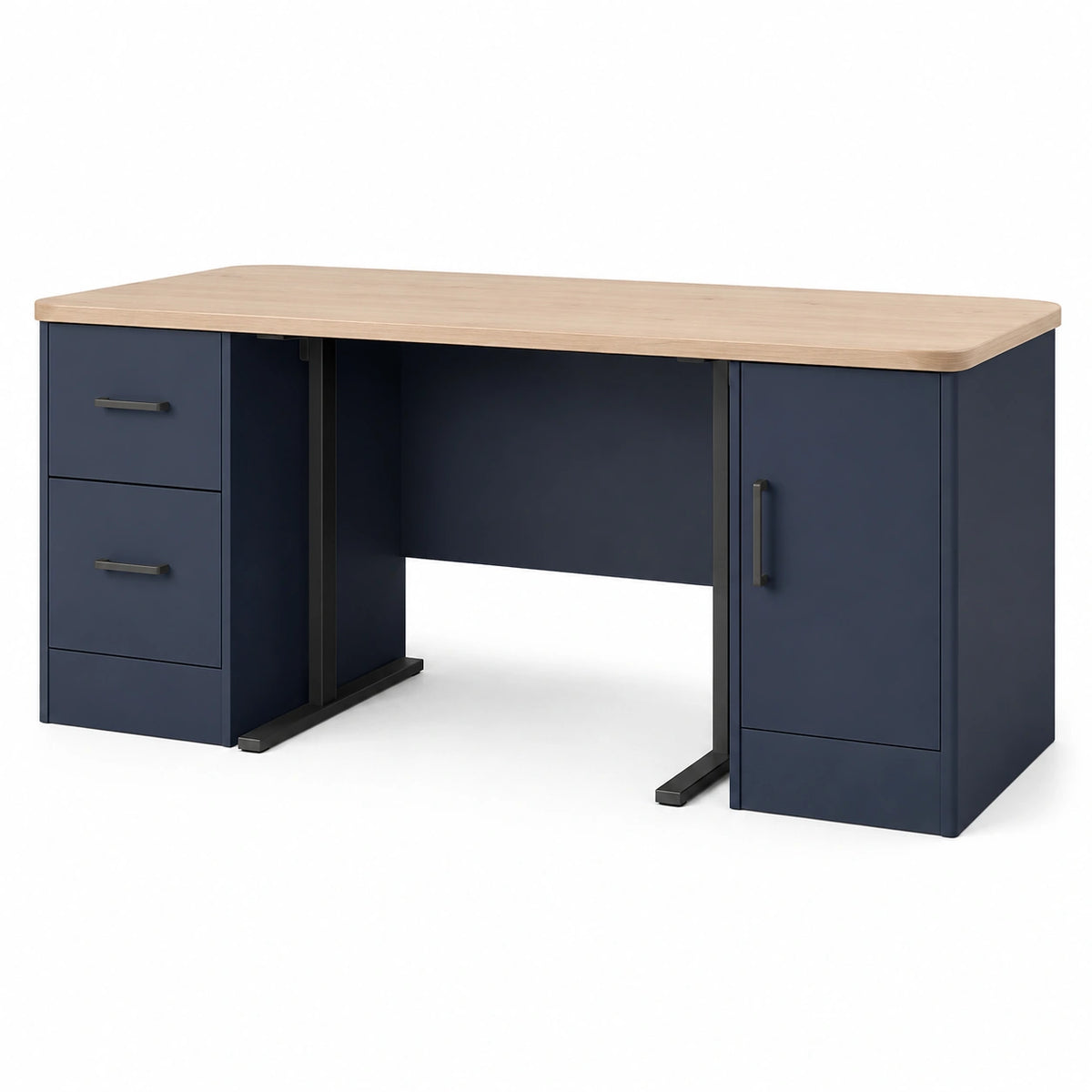 Escritorio de MDF y Metal Azul con Cajones y Gabinete
