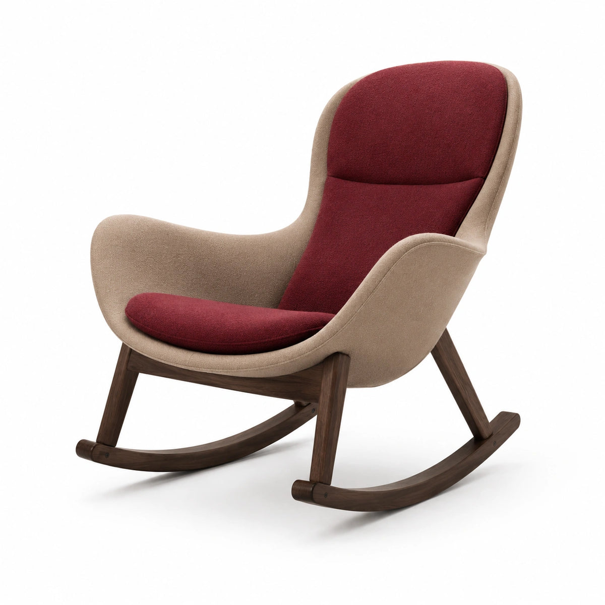 Silla mecedora de tela con base de madera de nogal