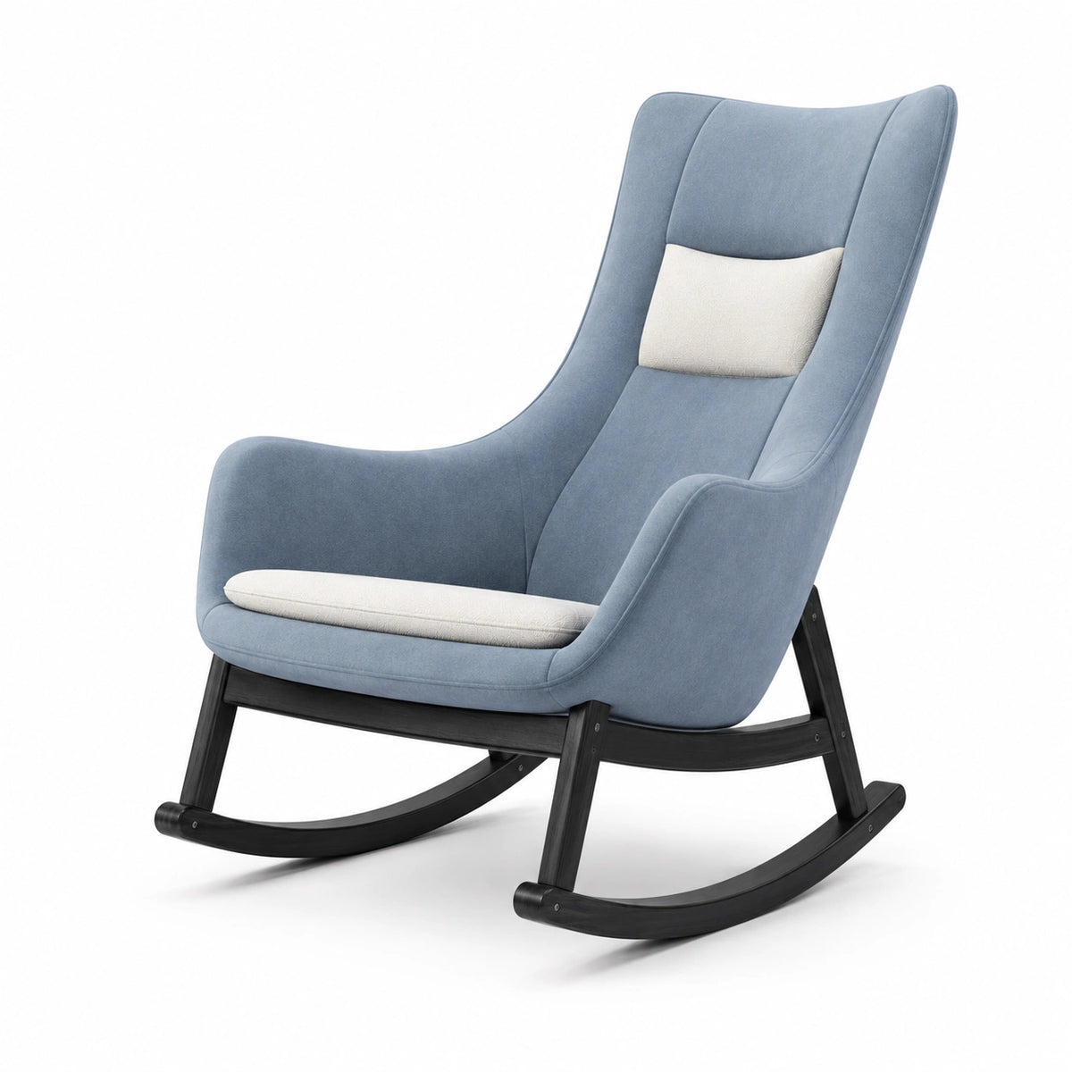 Silla mecedora de poliéster azul con cojín beige y base de madera de haya