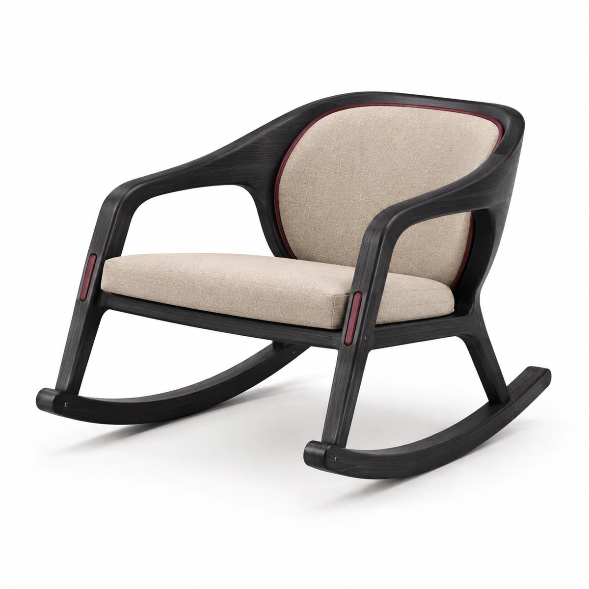Mecedora de madera y tela beige con estructura negra