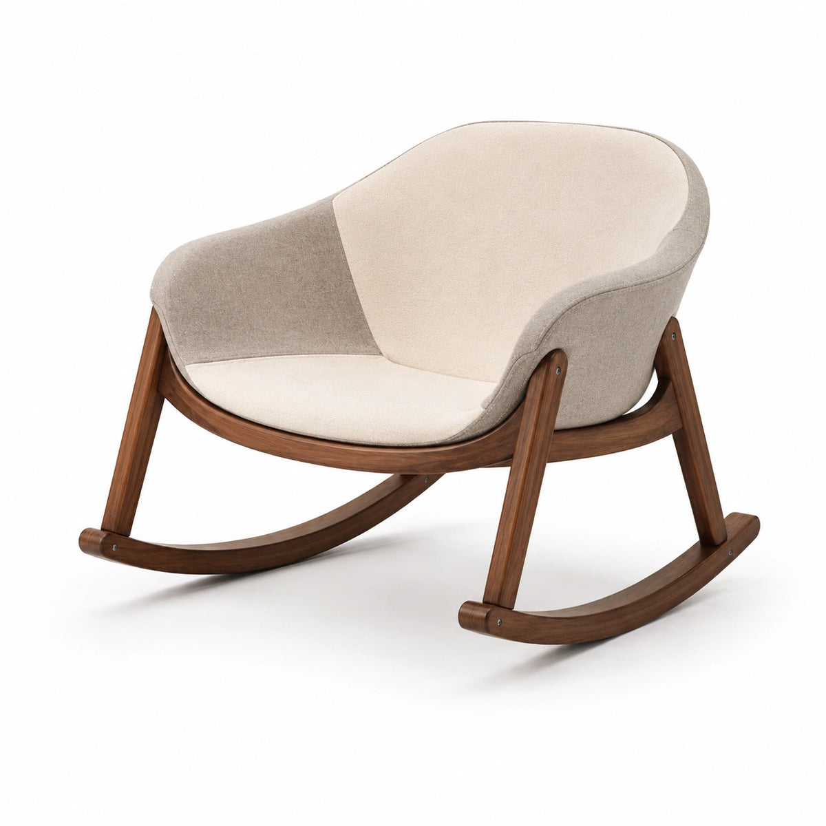 Silla mecedora de madera con tapizado en tela beige y marrón