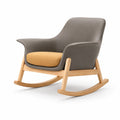 Silla mecedora de madera con asiento de tela y respaldo de cuero sintético gris