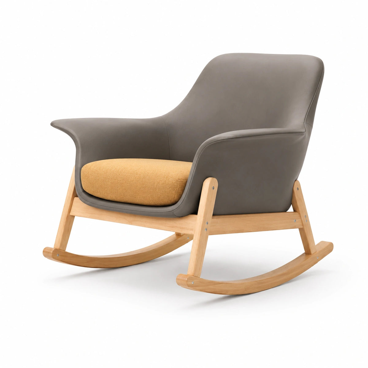 Silla mecedora de madera con asiento de tela y respaldo de cuero sintético gris