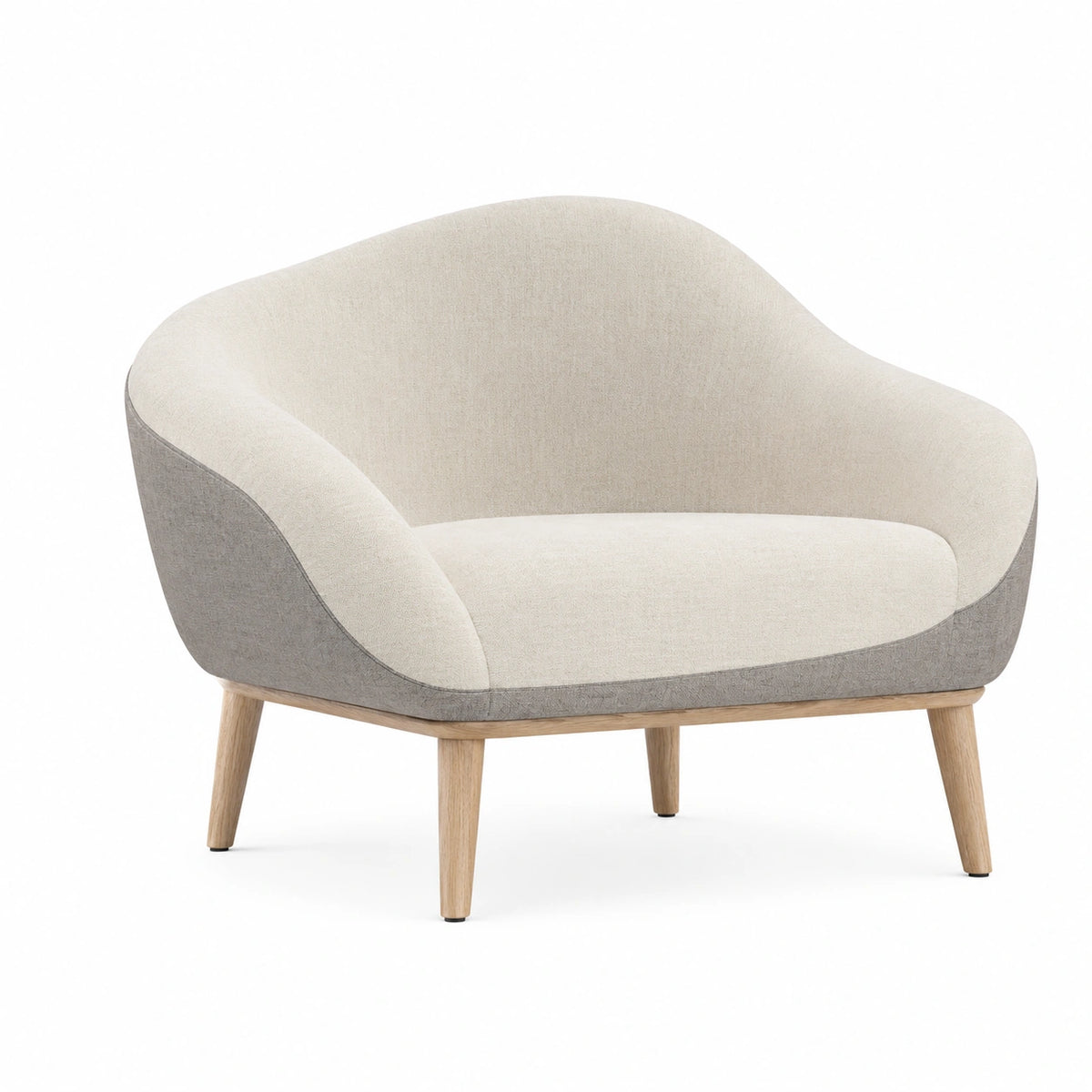 Sillón de tela beige y gris con patas de madera 80x85x75 cm