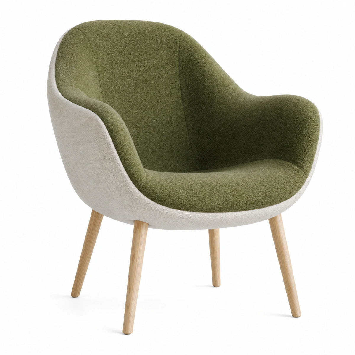 Sillón de poliéster verde y beige con patas de madera de haya