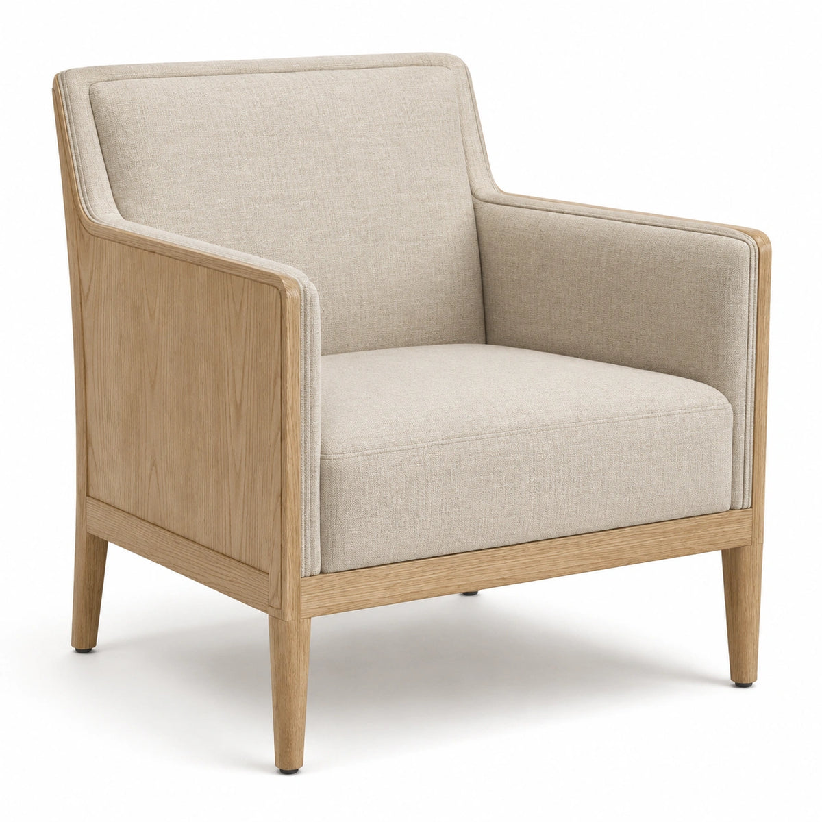 Sillón de tela beige con estructura de madera de roble
