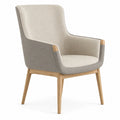 Sillón de tela beige y gris con patas de roble