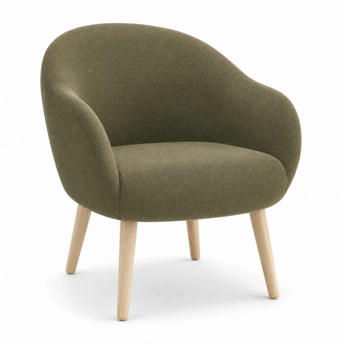 Sillón de tela verde con patas de madera de haya
