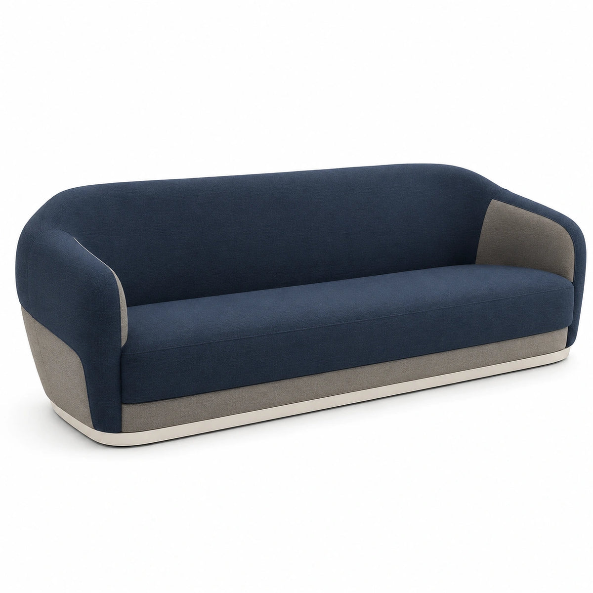 Sofá de tres plazas tapizado en lino azul y gris con estructura de madera 220 cm
