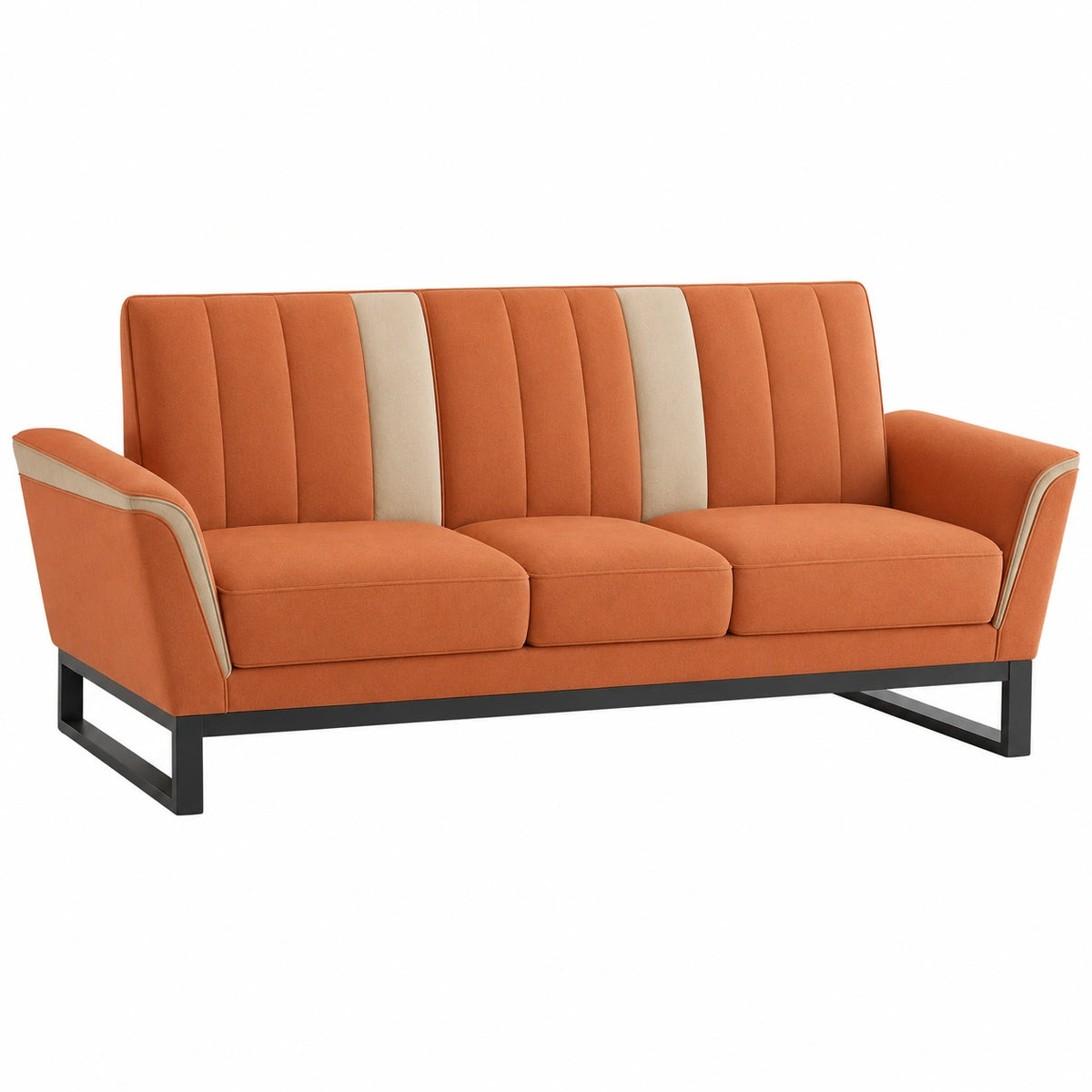 Sofá de 3 plazas tapizado en poliéster naranja y beige con estructura de metal